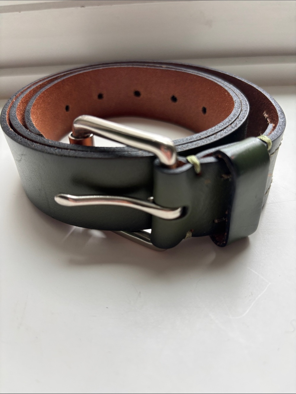 Men's Dark Green Leather Belt - Classic Double-Prong Design